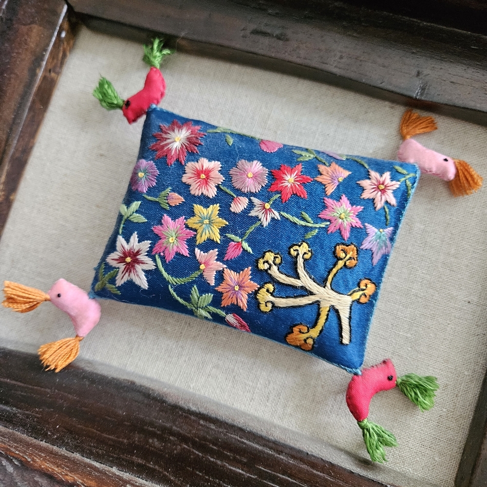 Unusual Framed Art Piece....miniature embroidered pillow on linen
